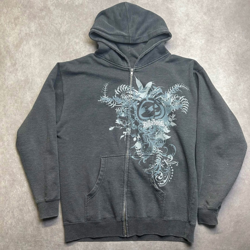 Billabong Mens Y2K Graphic Full Zip Hoodie Charcoal Gray Fleece Size Large